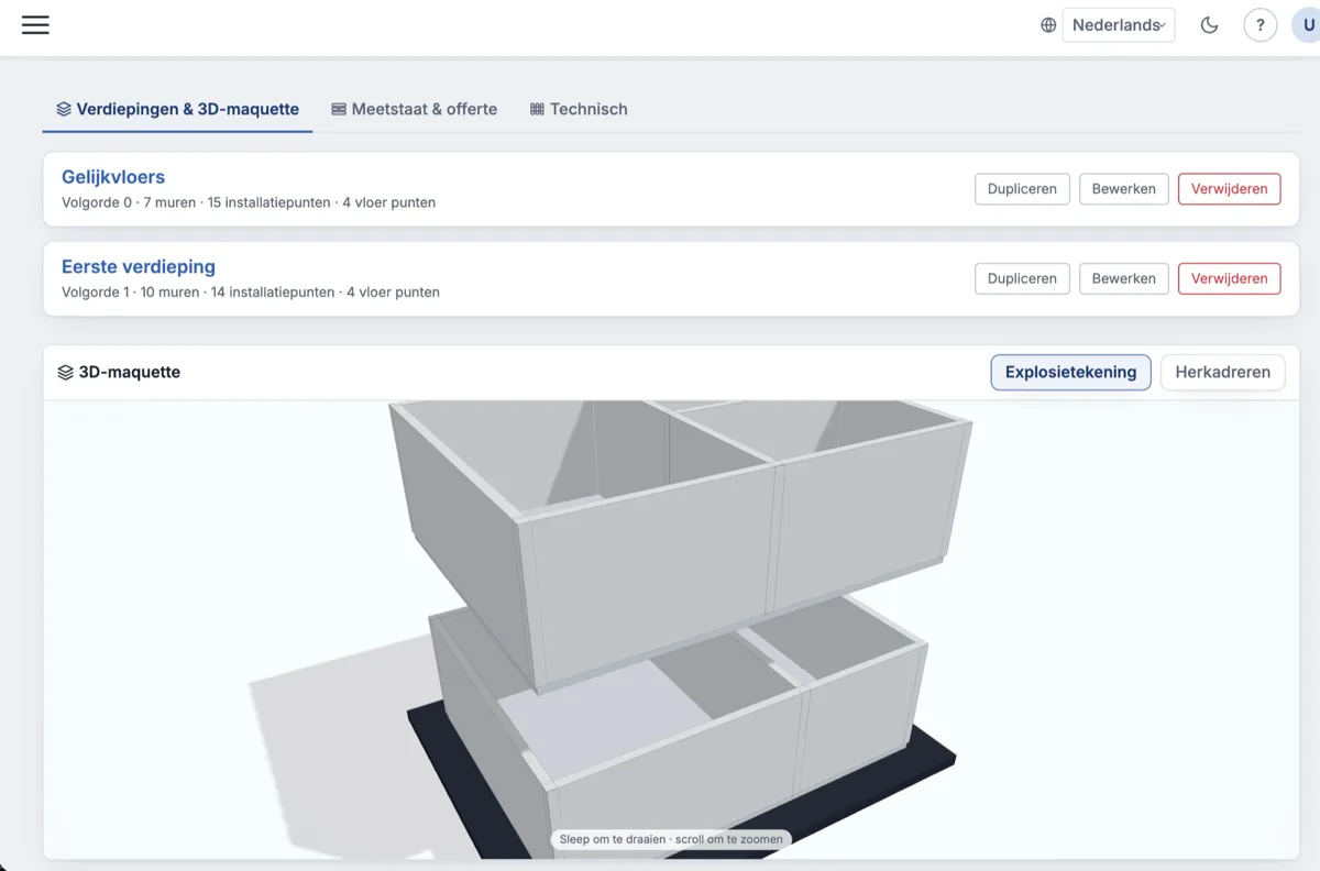 Builder — floor plans and 3D maquette of a building modelled in the custom contractor application